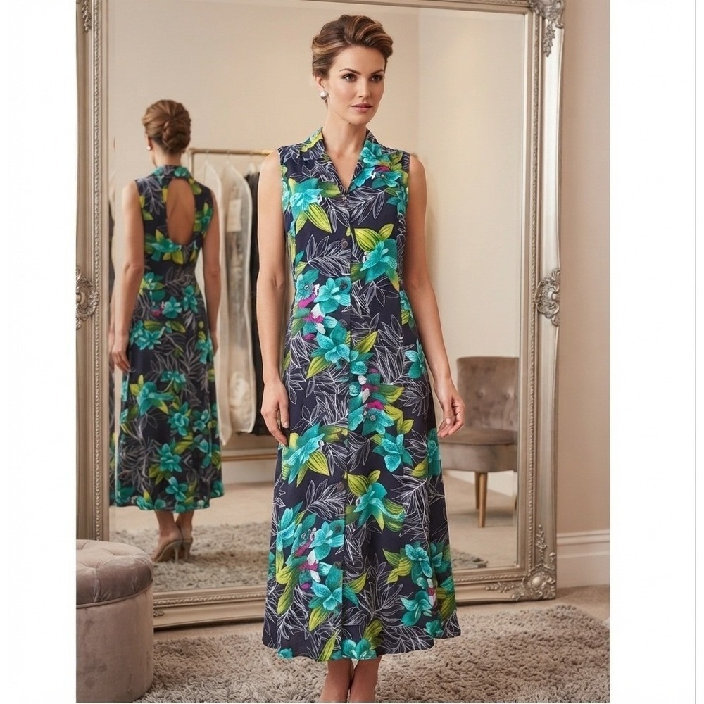 White Stag Vintage Womens Large Navy Blue Tropical Floral Rayon Maxi Dress